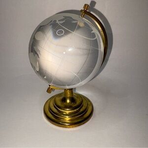 Vintage Glass Mini Globe on Gold Toned Stand Frosted Glass Desk Decor Spins 3.5”